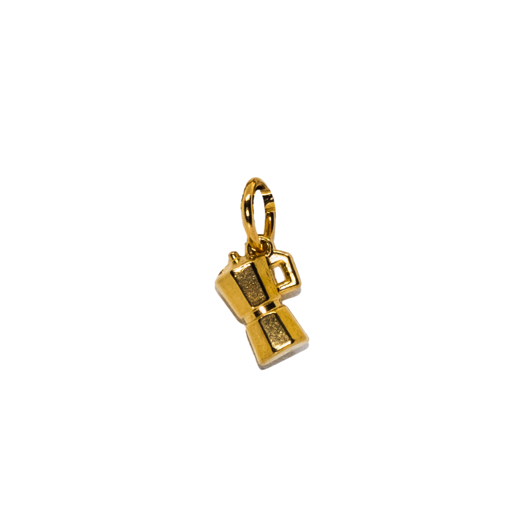 Moka Pot Charm, detail view - tarnish-free stainless steel by House of Rey Jewelry