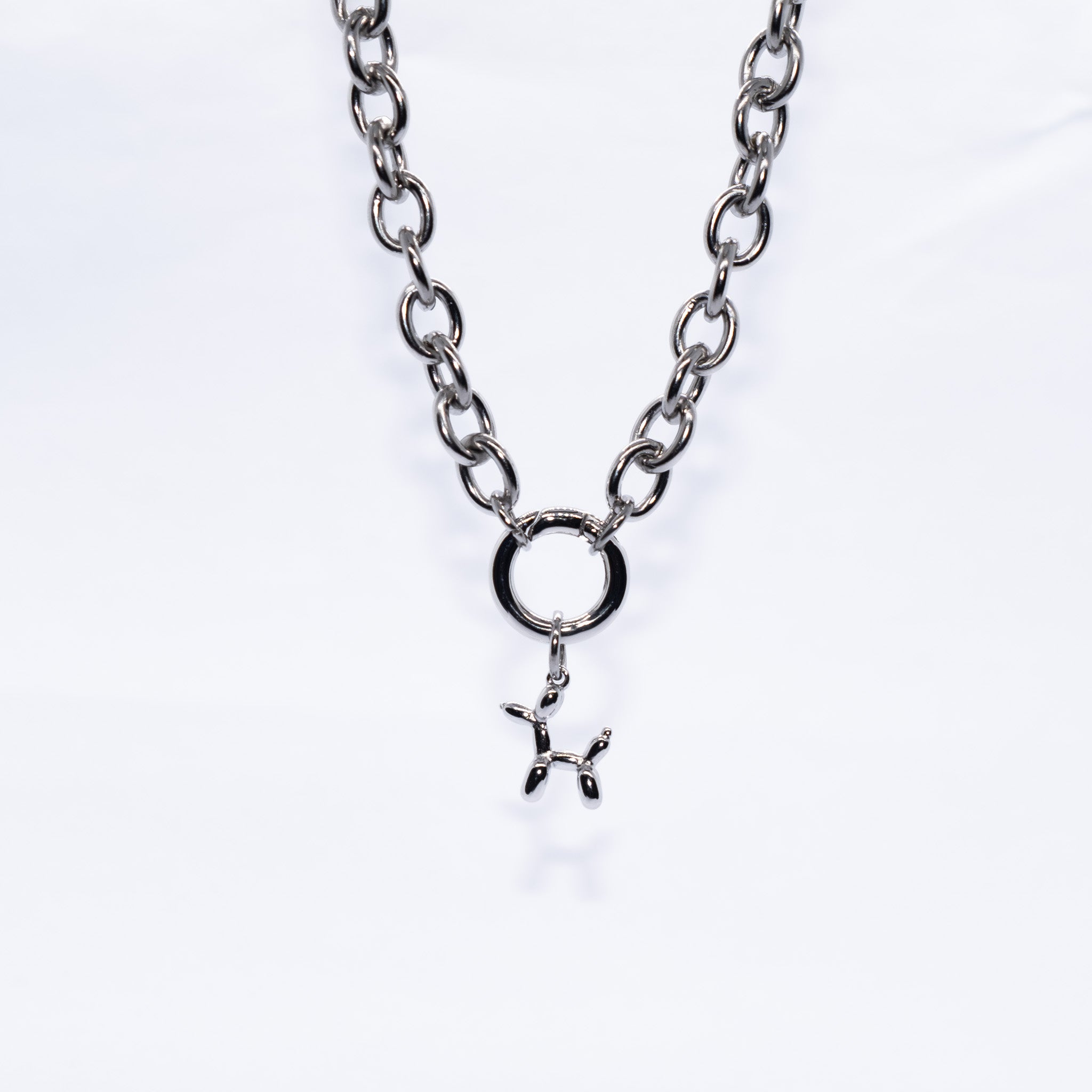 Heavy round link chain necklace in silver - chunky statement jewelry by House of Rey. Pictured with the large Round Clasp and Balloon Dog Charm